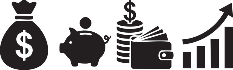 Financial icons silhouette including money bag piggy bank wallet and growth chart isolated on transparent background
