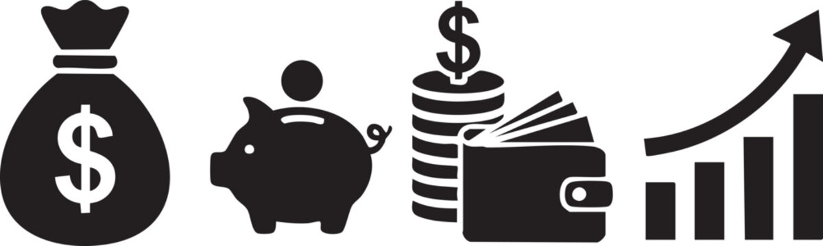 Financial icons silhouette including money bag piggy bank wallet and growth chart isolated on transparent background