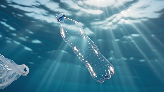 A plastic bottle and thin bag drift gently underwater as sunlight beams filter through the blue surface. Soft motion and wave patterns highlight the environmental impact of ocean pollution