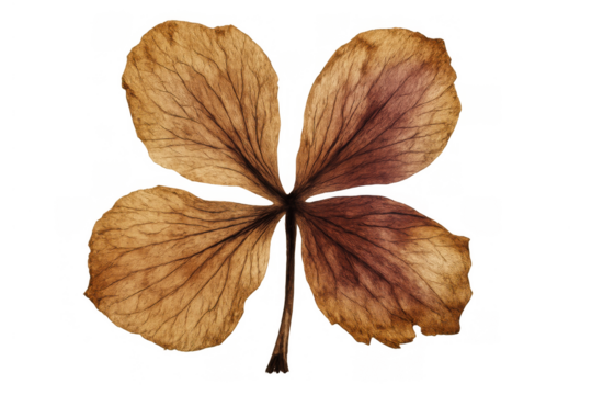 Dried brown hydrangea flower petal cluster with veins, delicate natural botanical element having a transparent background