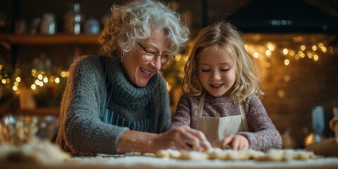 Smiling grandmother and little grandchild in aprons bake Christmas cookies, rolling dough on floury table under warm fairy lights. Sweet family baking tradition, joyful holiday preparation.