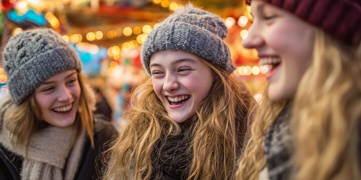 Three teens laughing in warm jackets and knit hats, carousel lights glowing behind them. Pure holiday joy and youth energy at a Christmas fair.