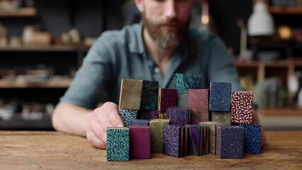 Closeup of a craftsman applying vibrant digital patterns onto ceramic tiles with precision using advanced ceramic printing techniques in a modern workshop setting. - Powered by Adobe
