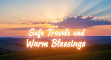 Sunset over rolling hills with text overlay wishing safe travels and warm blessings to all viewers