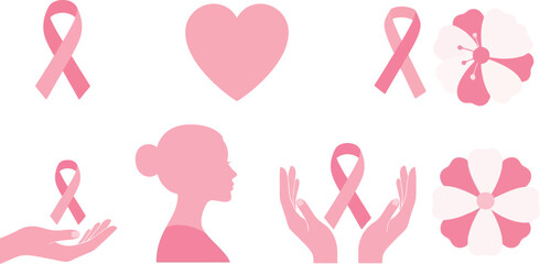 Pink Ribbon Icons Representing Breast Cancer Awareness and Support - A Collection of Symbols for Health Campaigns