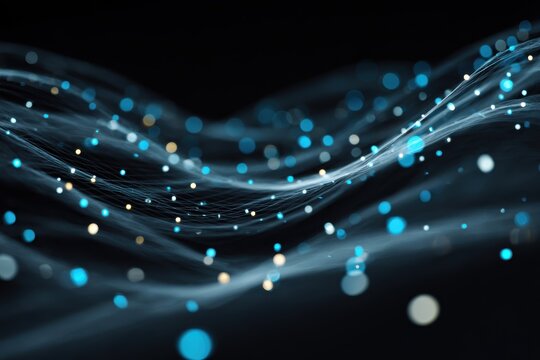 Abstract interaction of glowing lines and colors on a dark background, featuring dynamic waves and bright dots creating depth and movement in a modern tech-inspired aesthetic