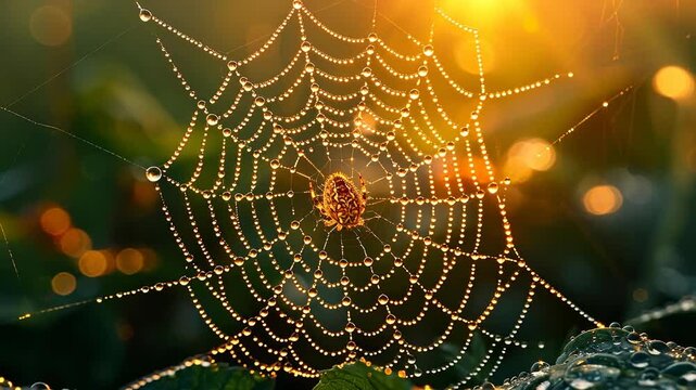 Glistening spider web at sunrise. Dew drops cover a spider web in a garden, sparkling in the soft light of early morning as the sun rises.