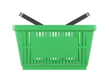 Plastic shopping basket on isolated background. Store empty basket. Supermarket shopping cart. 3d rendering.