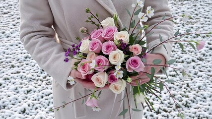 woman holding roses and greenery bouquet on snowy winter day close-up | wedding, romance, portrait, celebration, nature theme