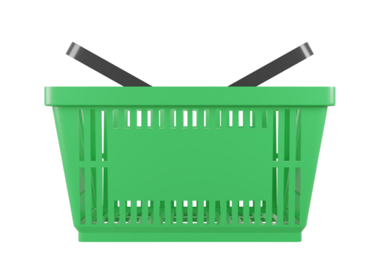 Plastic shopping basket on isolated background. Store empty basket. Supermarket shopping cart. 3d rendering.