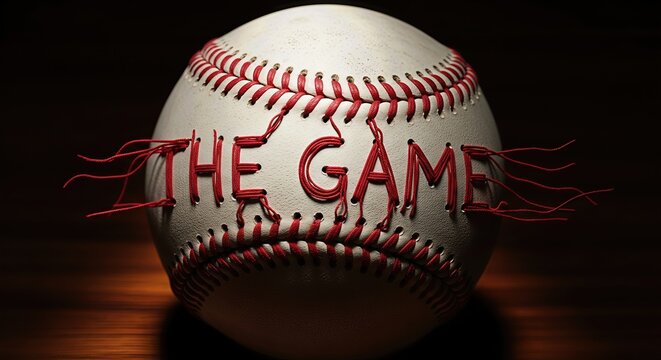Close up of a classic baseball with unraveling red laces displaying the words "The Game" stitched into its white leather cover, symbolizing intense competition and cherished sportsmanship.