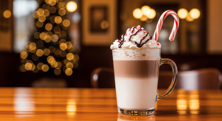 Christmas hot chocolate with candy cane holiday drink festive season winter beverage cafe treat