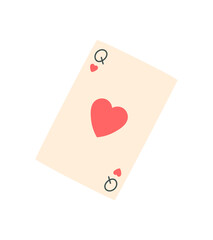 Flat style poker card with heart symbol. Queen of hearts playing card template in isolated layout on table. Recreation and strategy concept for casino or boardgame use.