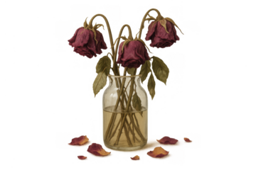 Wilted roses in vase showing decay and loss, dried petals on ground, transparent background, still life