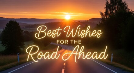 Best wishes for the road ahead message over a scenic road at sunset with trees and mountains
