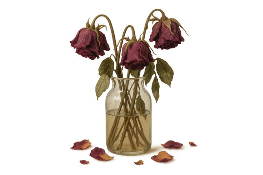 Wilted roses in vase showing decay and loss, dried petals on ground, transparent background, still life