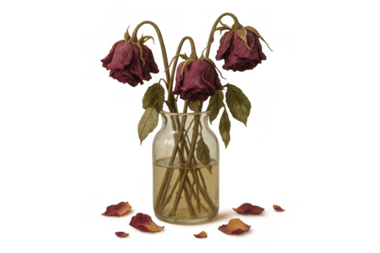 Wilted roses in vase showing decay and loss, dried petals on ground, transparent background, still life
