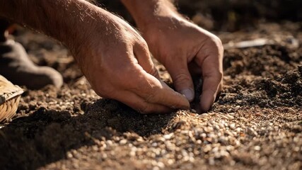 Medium shot showcasing hands manually sowing native seeds into nutrientrich soil with natural light highlighting detailed textures and organic growth techniques.