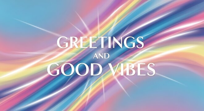Greetings and good vibes text over a colorful abstract background with light streaks and soft pastel colors
