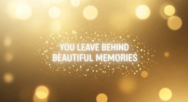 Golden background with glowing text that reads you leave behind beautiful memories and bokeh lights