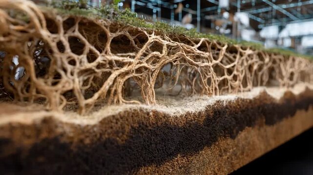 Digital twin technology visualizes soil structure with intricate 3D models enabling detailed simulation of soil layers and composition for advanced environmental analysis.