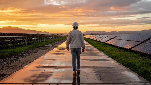 Engineer inspecting solar panel farm at dusk with a beautiful sunset creating a sense of pride and accomplishment in renewable energy progress