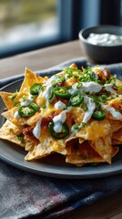 Golden crispy tortilla chips piled high with melted cheddar cheese, fresh jalapeño slices, cool sour cream, and vibrant green onions for a delicious Mexican inspired snack.