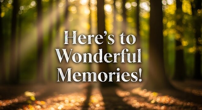 Here's to wonderful memories text overlayed on a sunlit forest scene with trees and foliage - Powered by Adobe