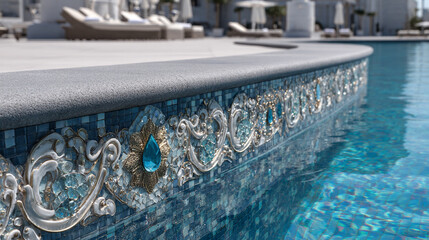 Swimming pool area with mosaic-tiled sides and azure water representing active recreation relaxation and leisure in a bright modern environment ideal for swimming and outdoor enjoyment
