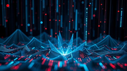 digital landscape with triangular geometry grass like hologram holographic prism in blue and red grid starry sky lines and dots structure, in virtual sci-fi dark space