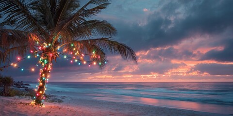 Palm tree wrapped in colorful Christmas lights on a sandy tropical beach at sunset with ocean horizon and cloudy sky. Tropical Christmas celebration, holiday vibes in paradise island style.