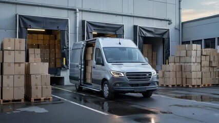 Modern delivery van unloading packages at warehouse loading dock shows efficient logistics, fast shipping, and reliable distribution services