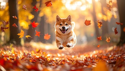 秋の小道を走る柴犬の写真