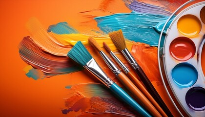 paintbrushes palette and vibrant paint strokes on an orange surface