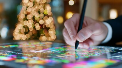 Close-up of a hand drawing or analyzing colorful financial charts on a digital tablet with a festive Christmas bokeh background