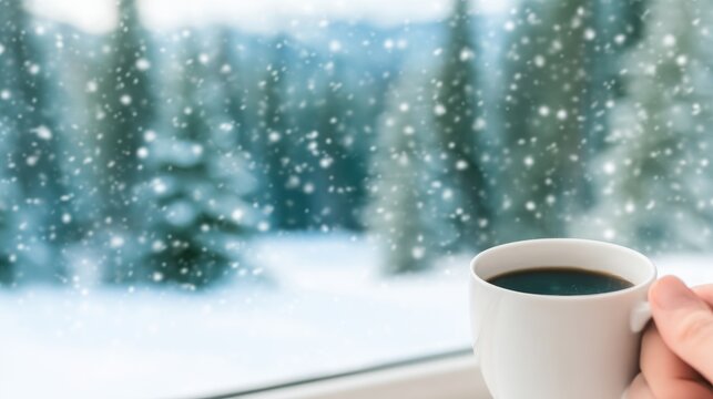 Hand holding a warm coffee mug by a window overlooking a snowy winter forest with falling snowflakes - Powered by Adobe