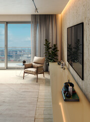 Naklejka premium Large luxury modern bright interiors Living room mockup illustration 3D rendering image