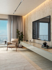 Naklejka premium Large luxury modern bright interiors Living room mockup illustration 3D rendering image