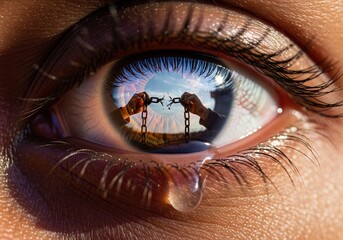 Naklejka premium Symbolic eye reflection shows hands breaking free from chains toward new beginnings and hope