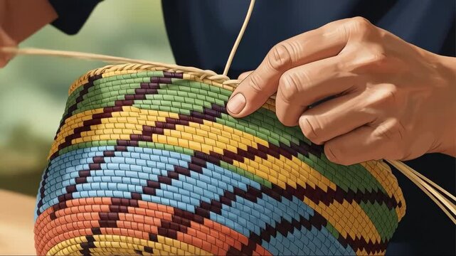 closeup of hands weaving colorful traditional basket. indigenous craftsmanship and cultural concept. native american heritage month celebration.