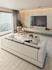 Naklejka premium Large luxury modern bright interiors Living room mockup illustration 3D rendering image