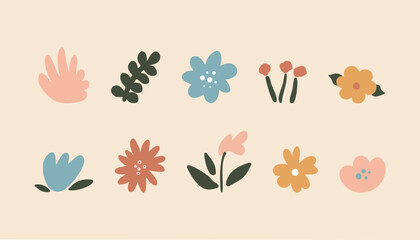 Flat Floral Elements Collection Pastel Minimal Botanical Illustration Set for Creative Design
