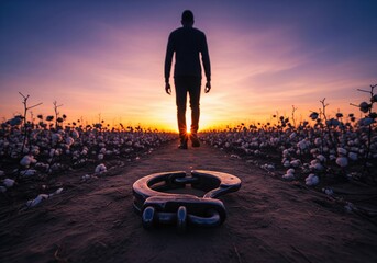 Man walks towards vibrant sunset leaving shackles behind in a cotton field, symbolizing freedom and new beginnings.