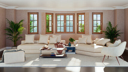 Large luxury modern bright interiors Living room mockup illustration 3D rendering image