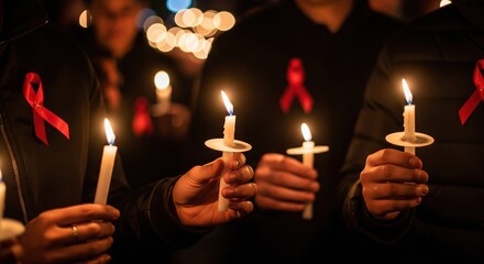 Holding candles with red ribbons in solemn vigil for awareness and remembrance