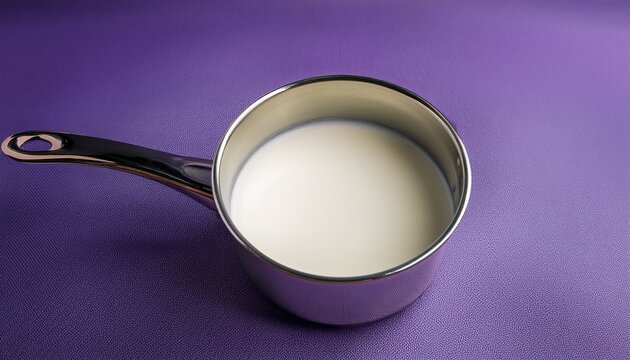 light milk in a tiny saucepan against a violet backdrop with grainy texture