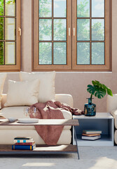 Naklejka premium Large luxury modern bright interiors Living room mockup illustration 3D rendering image