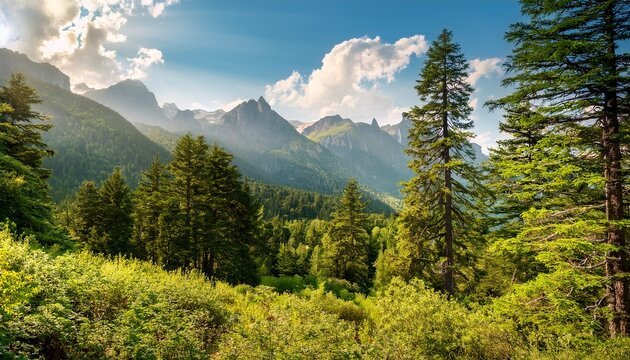 lush woodland scene featuring towering trees and mountainous backdrop during summer