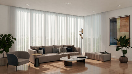 Naklejka premium Large luxury modern bright interiors Living room mockup illustration 3D rendering image