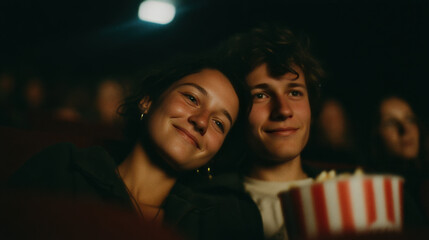 Young couple enjoying a movie in a dark theater, sharing popcorn, with warm smiles and cozy atmosphere, capturing the essence of a romantic cinematic experience